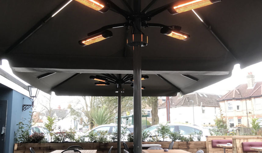 Shade umbrella with heating system for outdoor living by Aztec
